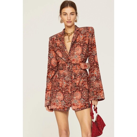BRONX AND BANCO Odessa Blazer Dress M Brown Floral Silk Blend Belted EUC B68 - Picture 1 of 9